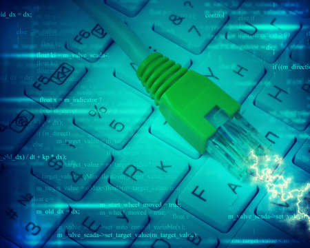 Computer cable on keyboard in abstract blue background with numbers