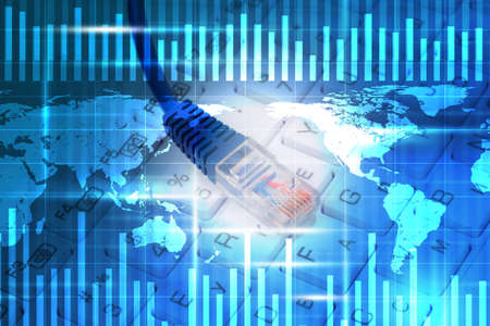 Abstract blue background with computer cable, world map and keyboard