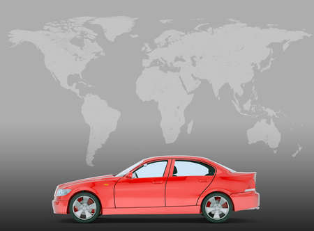 Red car on grey background with world mapの写真素材