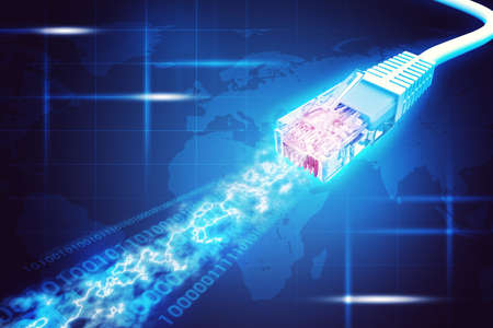 Colorful computer cable on abstract blue background with world map