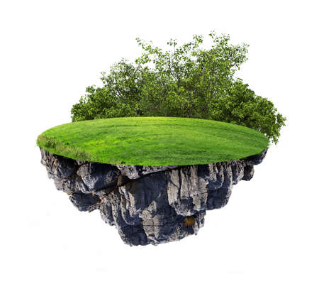 Island in sky with trees, clouds and green grass on isolated white backgroundの写真素材
