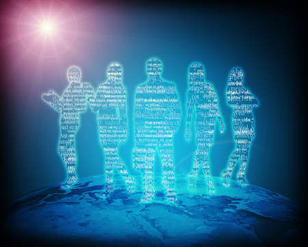 Abstract silhouette of businesspeople standing on earth on blue background. Elements of this image furnished by NASAの写真素材