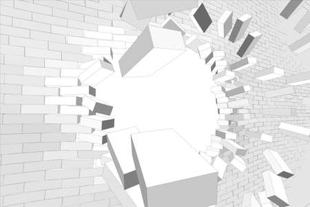 Part of broken wall with hole on isolated white background. Vector illustrationのイラスト素材