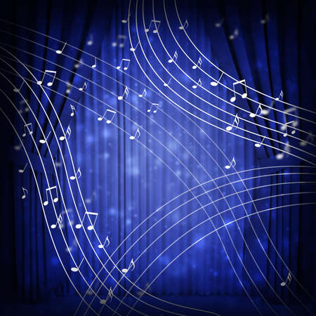 Blue curtains with musical notes and wavesの写真素材