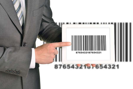 Businessman holding picture with UPC code on isolated white background with codeの写真素材