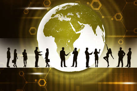 Silhouettes of business people in different postures on abstract brown background with earth. の写真素材