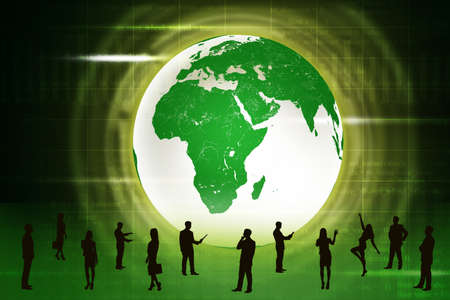 Silhouettes of business people in different postures on abstract green background with earth. の写真素材