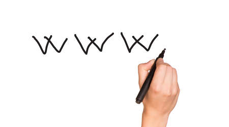 Human hand writing web address on holographic white screenの写真素材