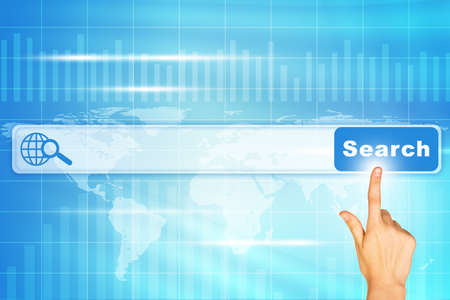 Humans hand on abstract blue background with browser and world map