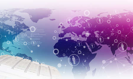 Abstract violet background with keyboard, numbers and world map, close-up viewの写真素材