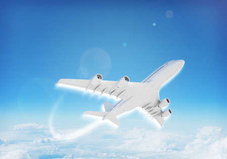 Jet flying in blue sky with clouds