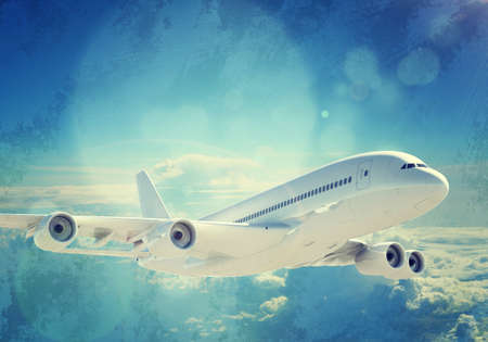 Jet flying in blue sky with cloudsの写真素材