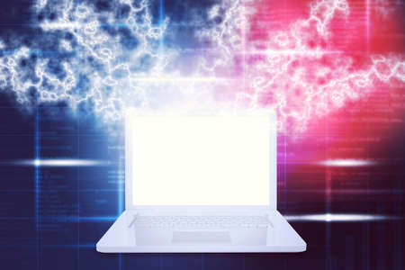 Laptop with blank screen and lightning on abstract backgroundの写真素材