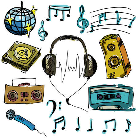 Image with colored graphic musical stuff on isolated white background. Vector illustrationのイラスト素材