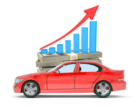 Red car with money and graph on isolated white backgroundの写真素材
