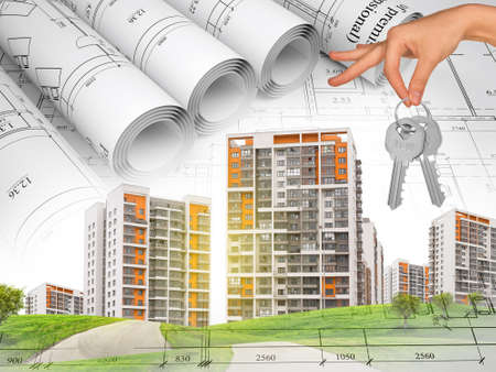 Cityscape and hand with keys under blue sky with road and trees on abstract background with draftsの写真素材