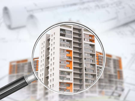 Colorful buildings under magnifier with drafts backgroundの写真素材