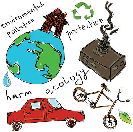 Drawn colored earth with house and car on white backgroundのイラスト素材
