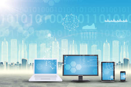 Set of gadgets on cityscape background with graphical charts