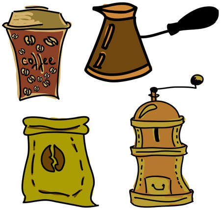 Drawn colored picture with coffee stuff on white background. Vector illustrationのイラスト素材