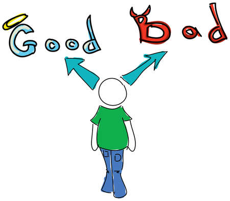 Drawn colored person with words good and bad on white background. Vector illustrationのイラスト素材
