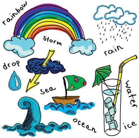 Drawn colored rainbow and rain on white background. Vector illustrationのイラスト素材