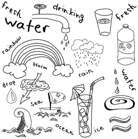 Drawn colored kitchen and summer stuff on white background. Vector illustrationのイラスト素材