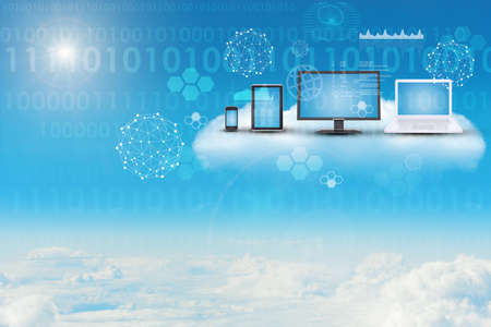 Gadgets in cloud sky with numbers and graphical charts