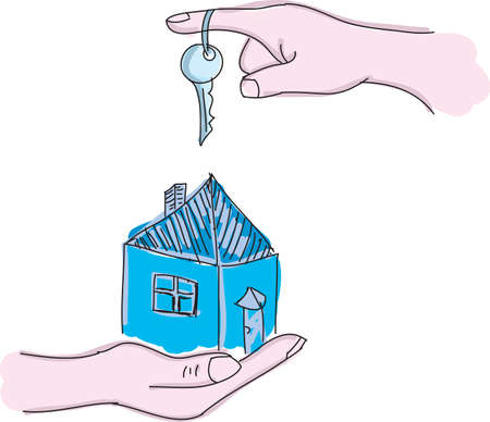 Drawn hands holding house with key. Vector illustrationのイラスト素材