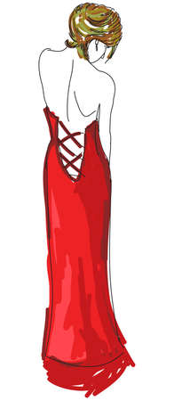 Drawn woman in red evening green dress. Vector illustrationのイラスト素材