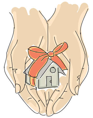 Drawn colored humans hand holding house with ribbon. Vector illustrationのイラスト素材