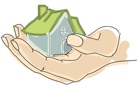 Drawn colored humans hand holding house with green roof. Vector illustrationのイラスト素材
