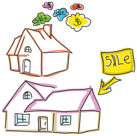 Drawn colored houses for sale with dollar sign. Vector illustrationのイラスト素材