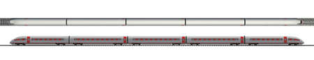 Long train with stripes on isolated white background, top and side views