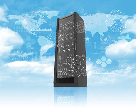 Metal locker in sky with world map and graphical charts