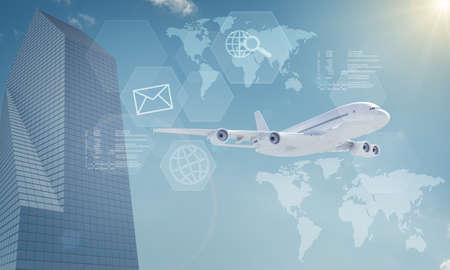 Business center with icons and world map on blue sky backgroundの写真素材