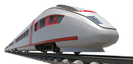 Long train with stripes on isolated white background, side view
