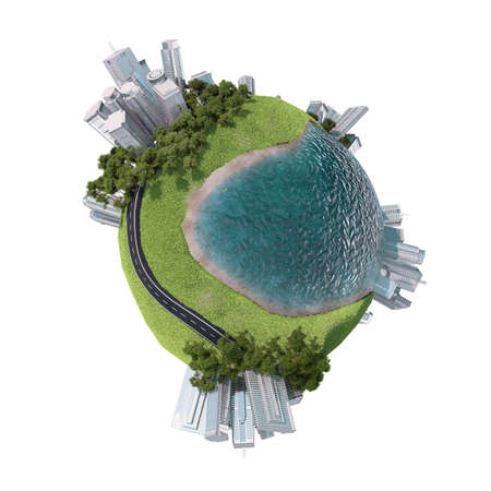 Business city with grass on Earth on isolated white backgroundの写真素材