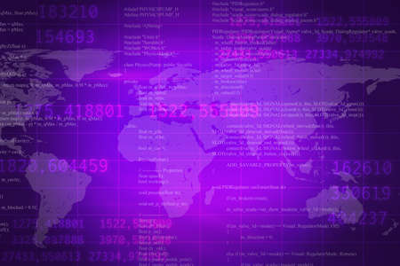 Purple abstract background with world map, numbers and matrixの写真素材