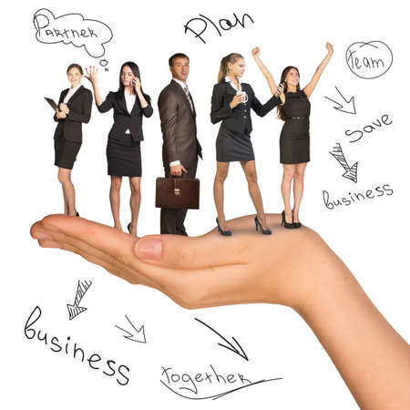 Businessman nad women in humans hand on isolated white backgroundの写真素材