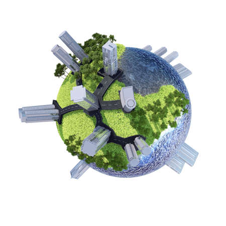 Business planet with skyscrapers on isolated white backgroundの写真素材