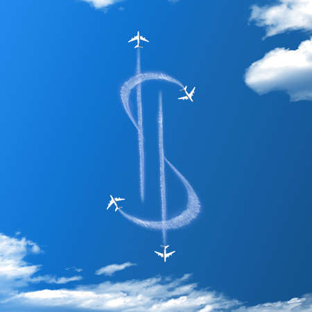 Dollar shape clouds with jets in blue skyの写真素材