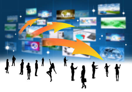 Business peoples silhouettes with holographic screens backgroundの写真素材