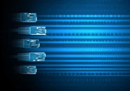 Blue computer cable on abstract blue background with numbers