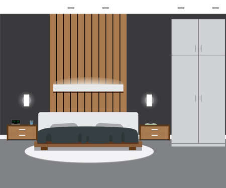 Bedroom interior in grey colors. Vector illustrationのイラスト素材
