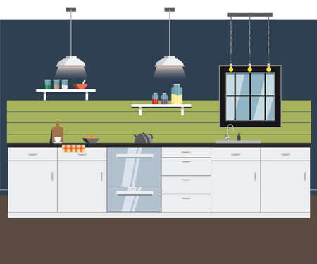 Kitchen interior with ready-built kitchen. Vector illustrationのイラスト素材