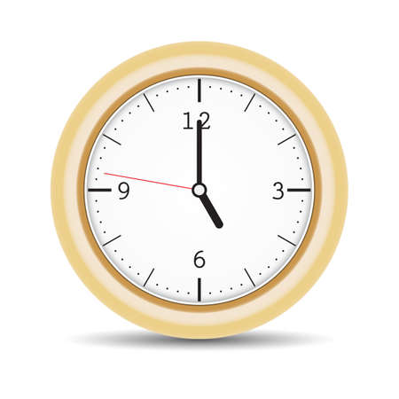 Round clock with brown frame and numbers on isolated white background. Vector illustrationのイラスト素材