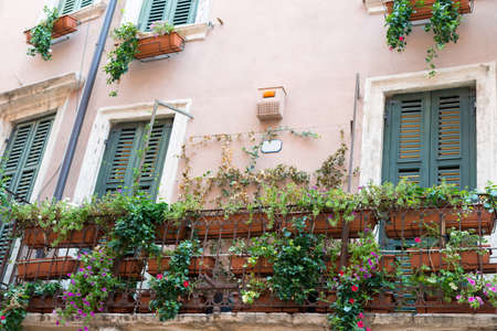 Building balcony with flowers and green plantsの写真素材