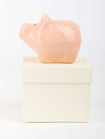 Small piggy bank box on isolated white background, close up viewの写真素材