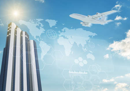 Skyscraper with jet and world map on blue sky background